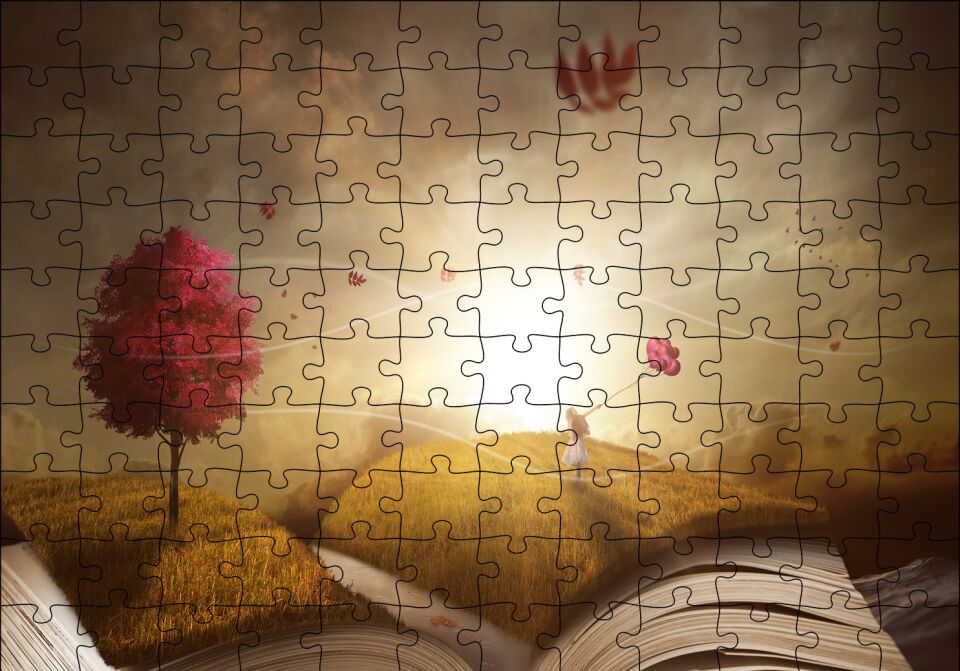 Sonbahar Kız ve Açık Kitap İllüstrasyon Puzzle Yapboz MDF Ahşap 120 Parça 24 cm X 34 cm