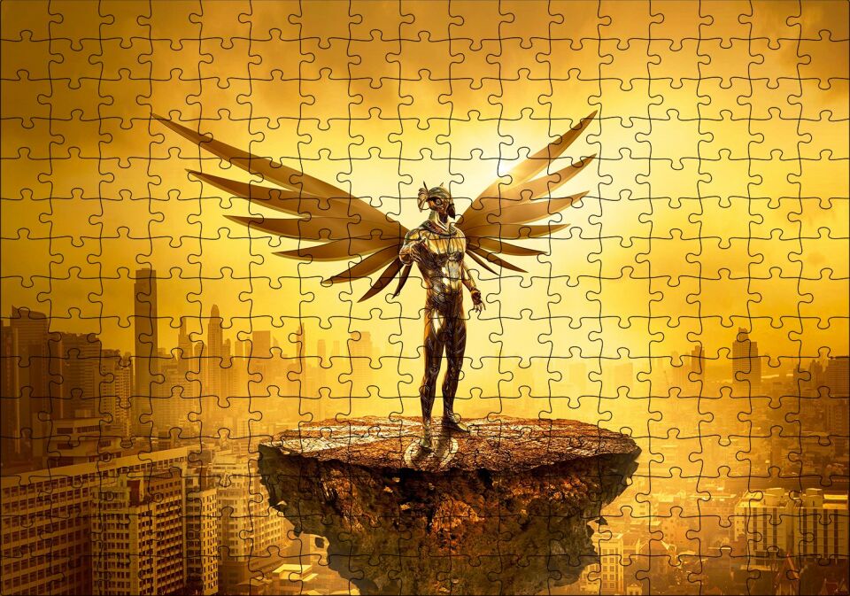 Kanatlı Şövalye Gökdelenler ve Altın Rengi Gökyüzü Puzzle Yapboz MDF Ahşap 255 Parça 34 cm X 49 cm