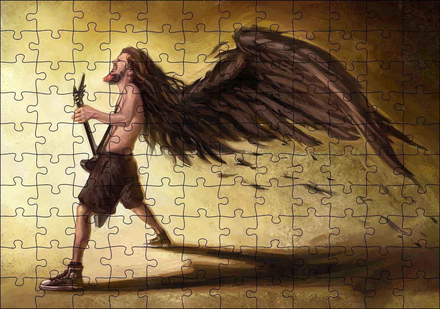 Saçları Kanatlanan Elektrogitarlı Müzisyen Puzzle Yapboz MDF Ahşap