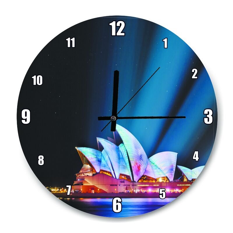 Sydney Opera Binası Gece Görünüş  Mdf Ahşap Duvar Saati 30 cm Çap