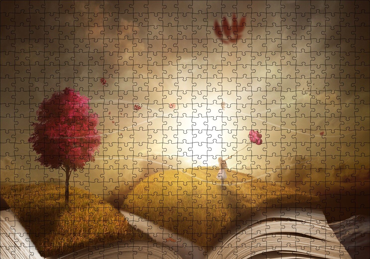 Sonbahar Kız ve Açık Kitap İllüstrasyon Puzzle Yapboz MDF Ahşap 500 Parça 49 cm X 68 cm