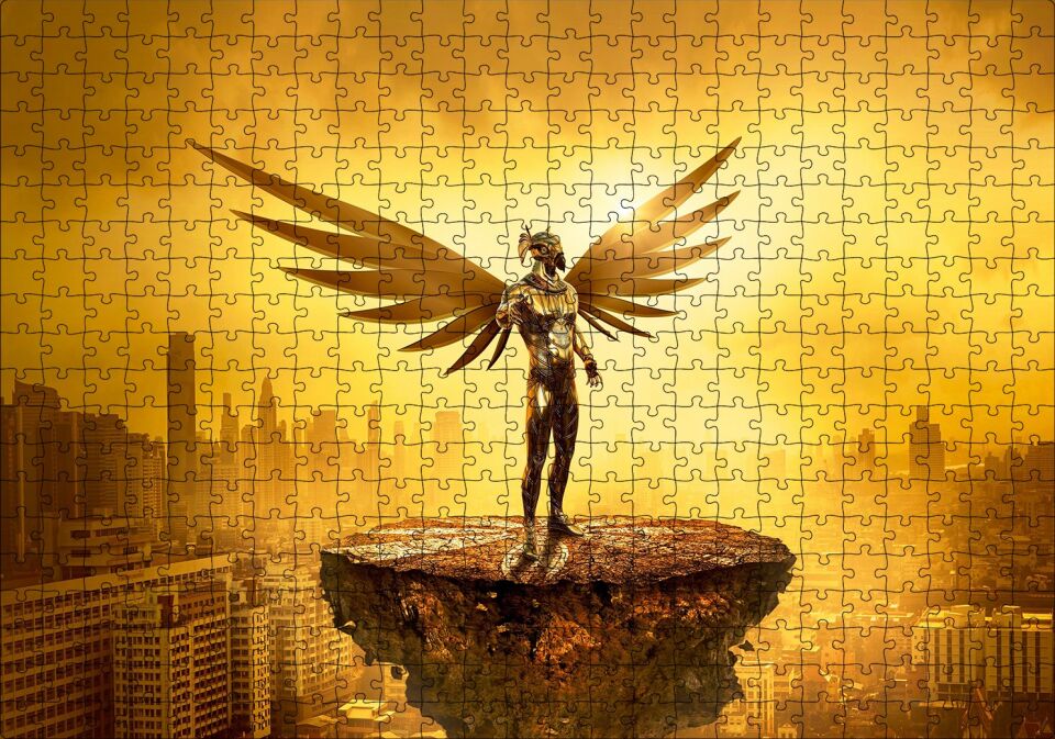 Kanatlı Şövalye Gökdelenler ve Altın Rengi Gökyüzü Puzzle Yapboz MDF Ahşap 500 Parça 49 cm X 68 cm