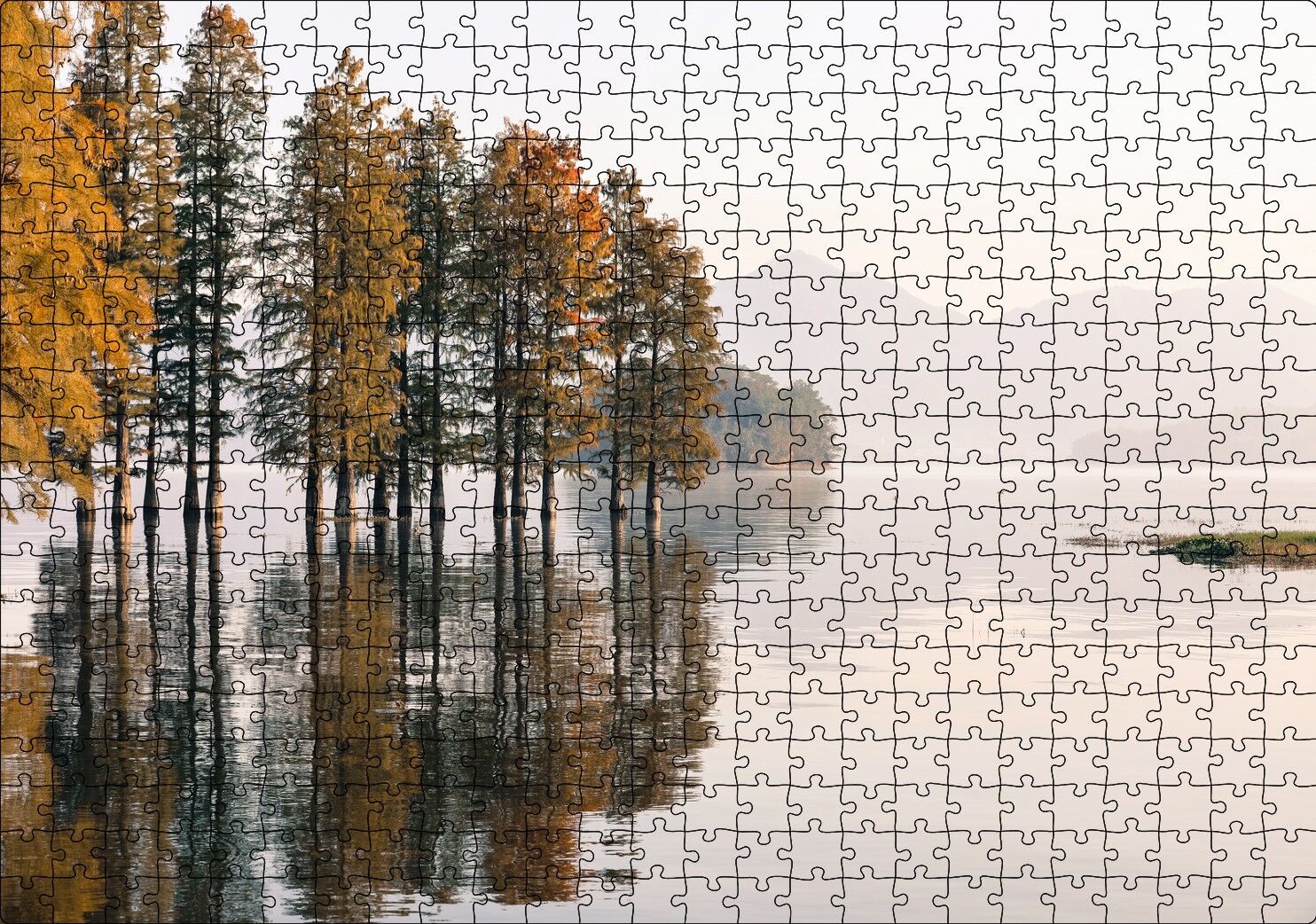 Durgun Gölde Ağaçlar Sisli Arka Plan Puzzle Yapboz MDF Ahşap 500 Parça 49 cm X 68 cm