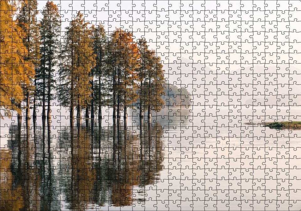 Durgun Gölde Ağaçlar Sisli Arka Plan Puzzle Yapboz MDF Ahşap 500 Parça 49 cm X 68 cm