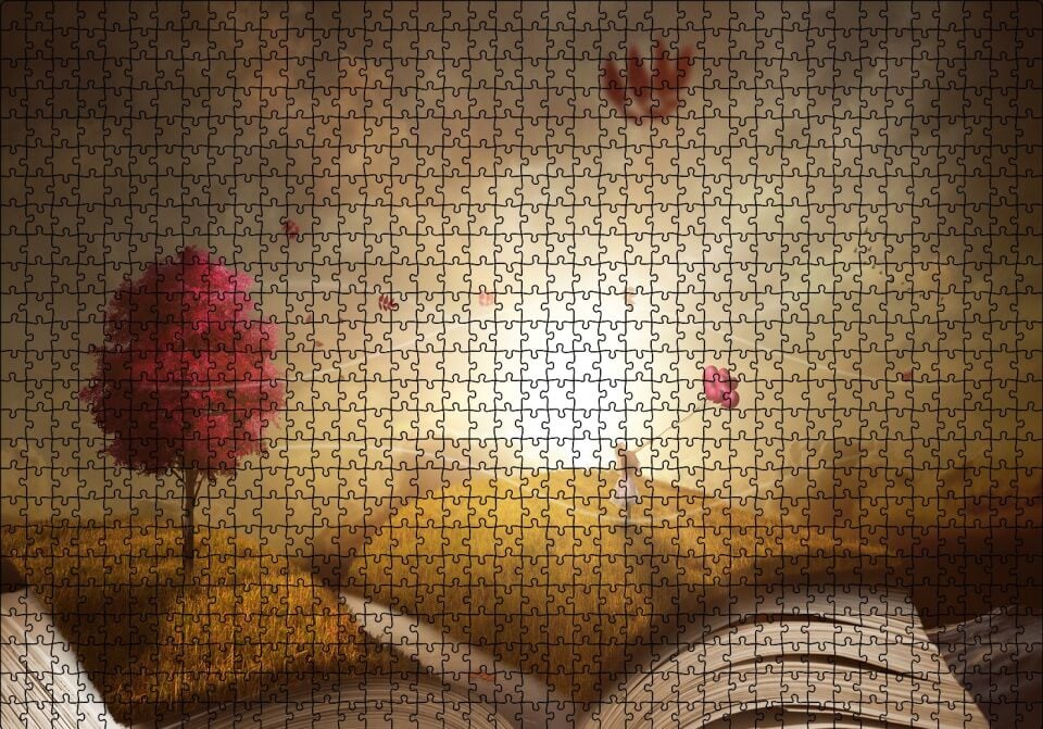 Sonbahar Kız ve Açık Kitap İllüstrasyon Puzzle Yapboz MDF Ahşap 1000 Parça 49 cm X 68 cm
