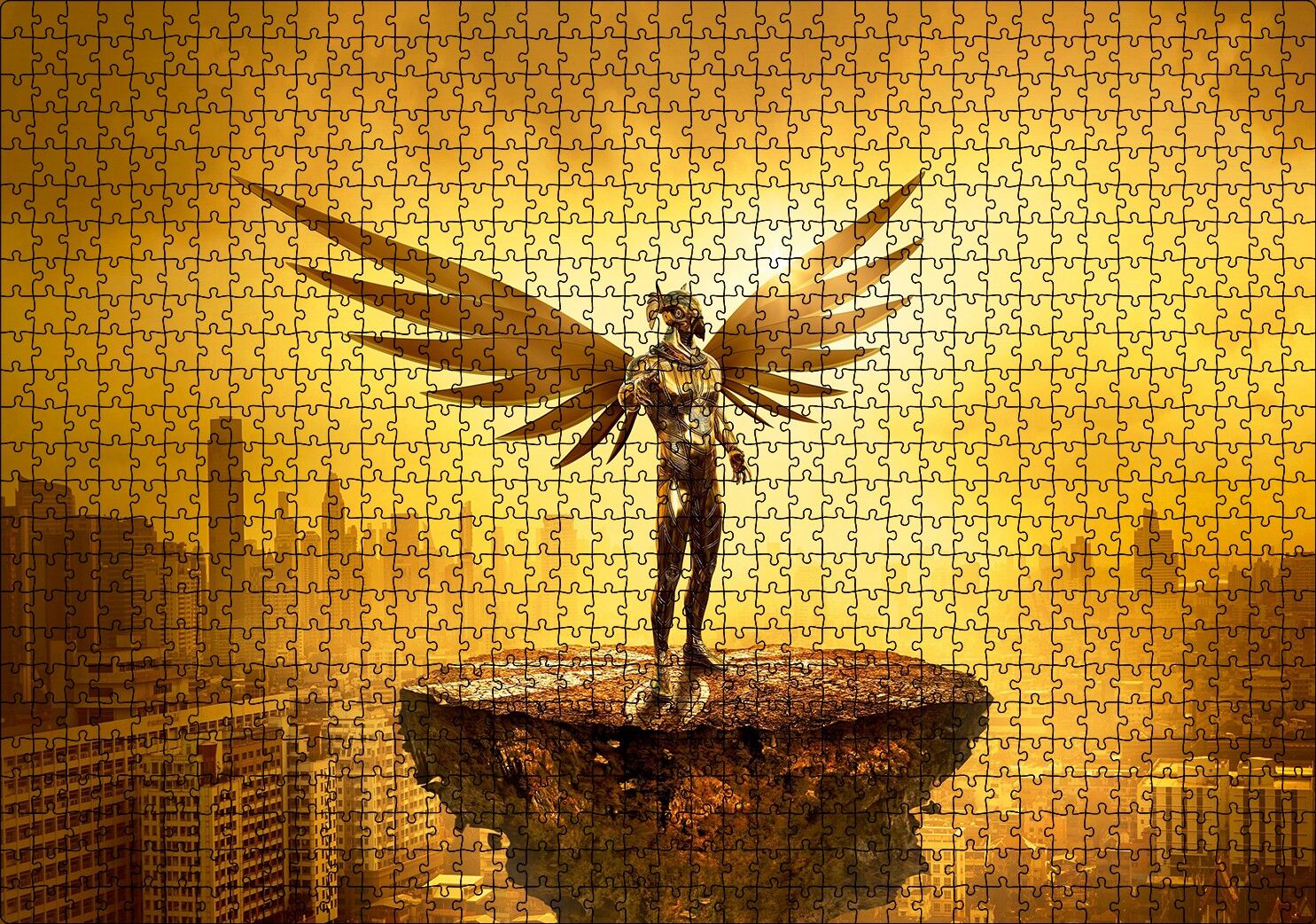 Kanatlı Şövalye Gökdelenler ve Altın Rengi Gökyüzü Puzzle Yapboz MDF Ahşap 1000 Parça 49 cm X 68 cm
