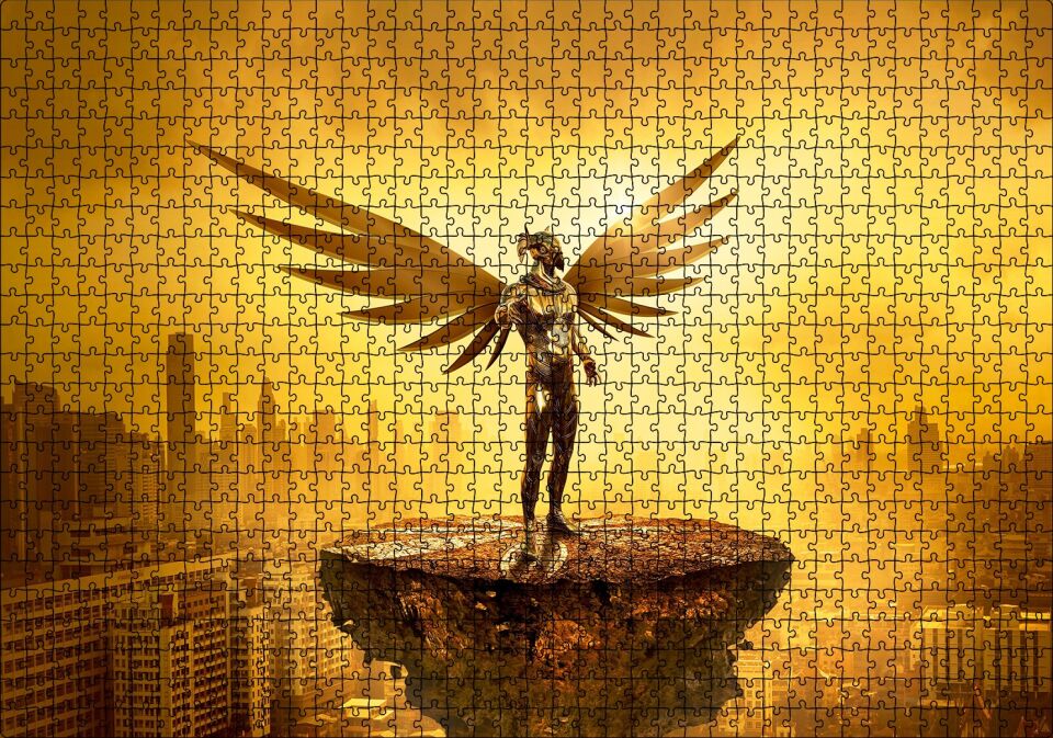 Kanatlı Şövalye Gökdelenler ve Altın Rengi Gökyüzü Puzzle Yapboz MDF Ahşap 1000 Parça 49 cm X 68 cm