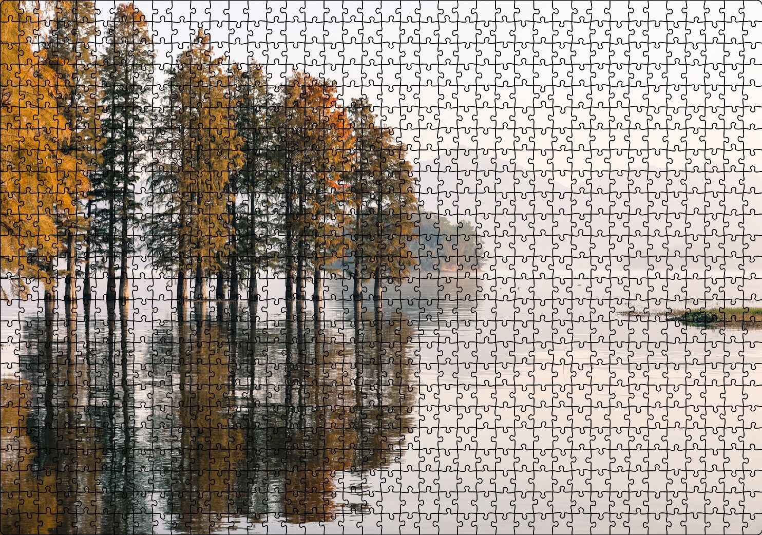 Durgun Gölde Ağaçlar Sisli Arka Plan Puzzle Yapboz MDF Ahşap 1000 Parça 49 cm X 68 cm
