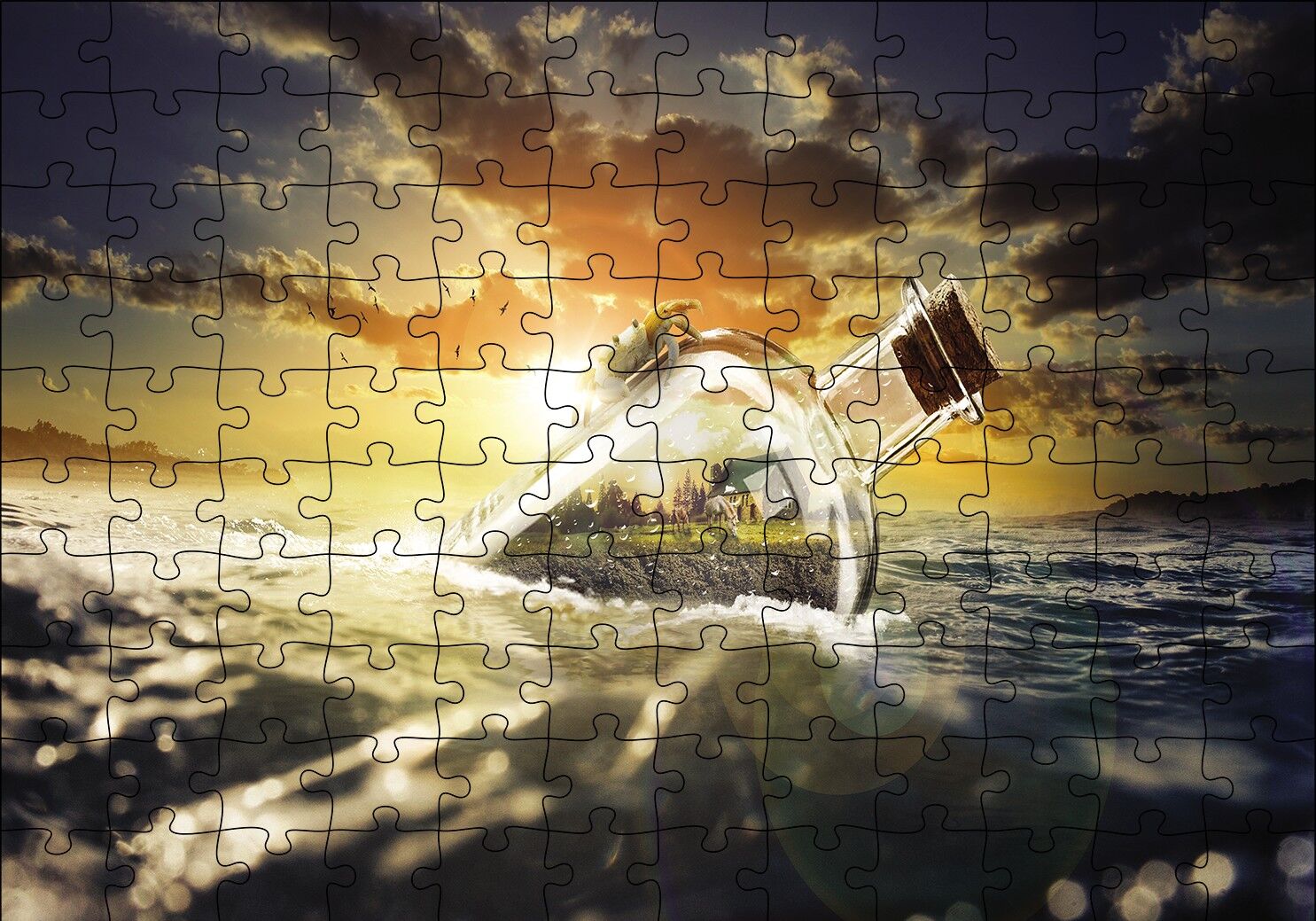 Deniz Gün Batımı Şişe Puzzle Yapboz MDF Ahşap 120 Parça 24 cm X 34 cm