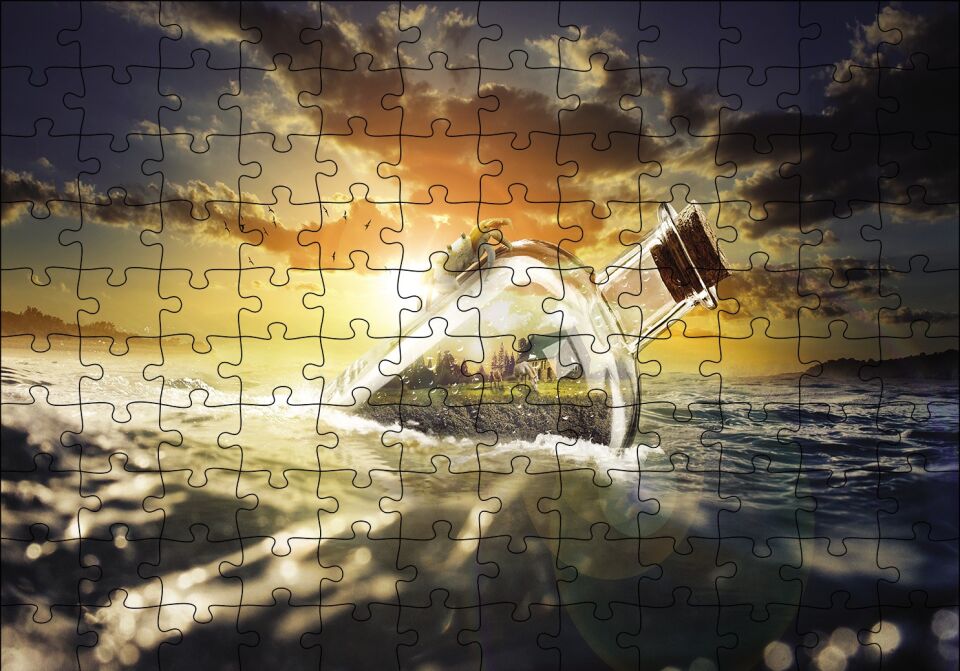 Deniz Gün Batımı Şişe Puzzle Yapboz MDF Ahşap 120 Parça 24 cm X 34 cm
