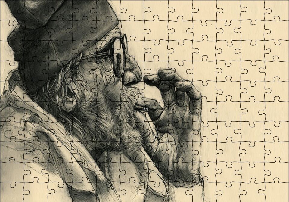 Sigara İçen Gözlüklü İhtiyar Puzzle Yapboz MDF Ahşap 120 Parça 24 cm X 34 cm