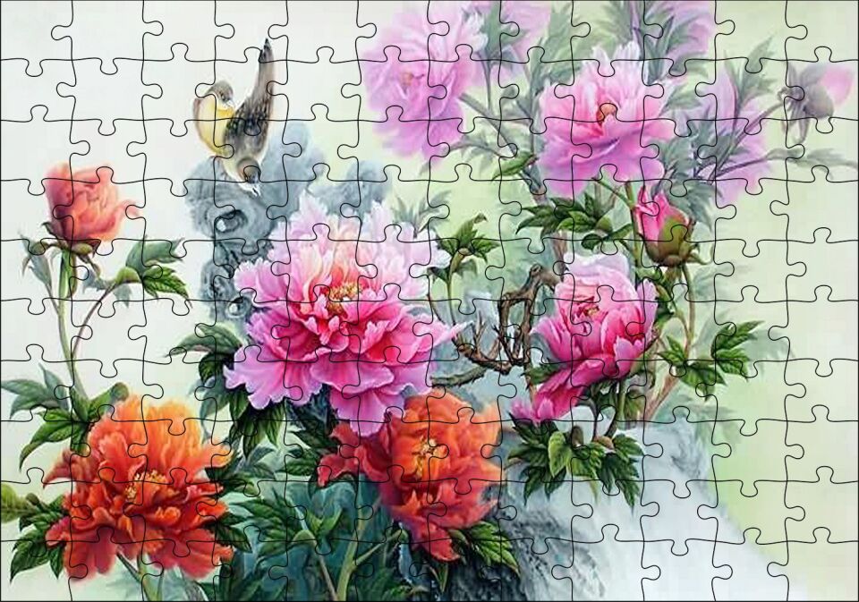 Şakayık Çiçeği Ve Kuşlar Puzzle Yapboz MDF Ahşap