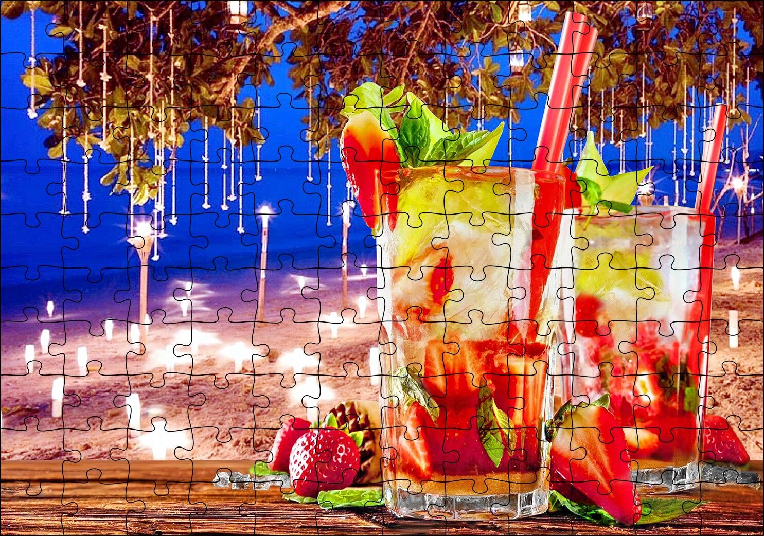 Sahilde Masa ve Üzerinde Çilekli Kokteyller Puzzle Yapboz MDF Ahşap
