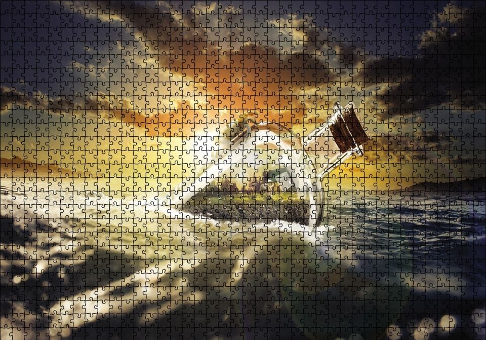 Deniz Gün Batımı Şişe Puzzle Yapboz MDF Ahşap 1000 Parça 49 cm X 68 cm