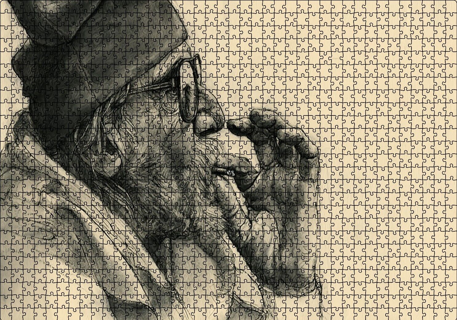 Sigara İçen Gözlüklü İhtiyar Puzzle Yapboz MDF Ahşap 1000 Parça 49 cm X 68 cm