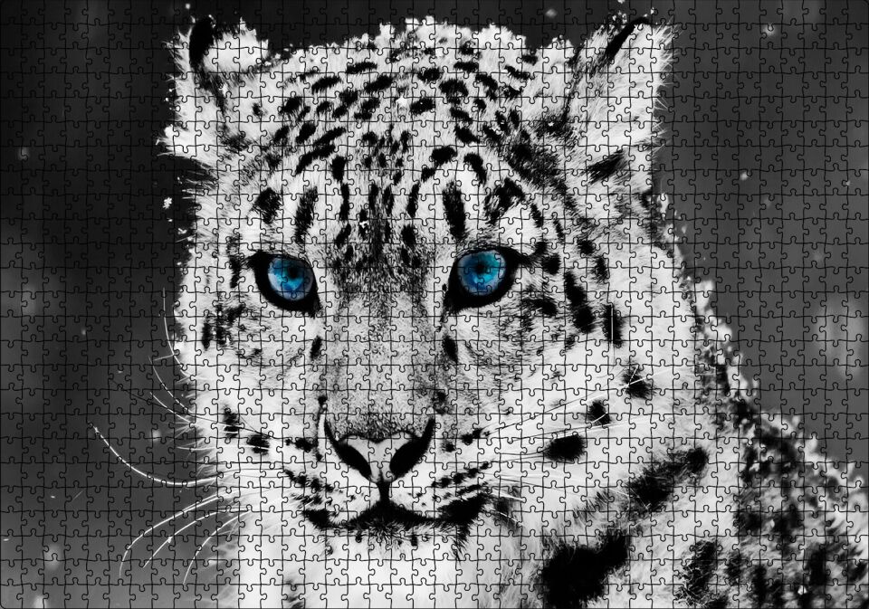 Kar Leoparı ve Mavi Gözleri Puzzle Yapboz MDF Ahşap 1000 Parça 49 cm X 68 cm