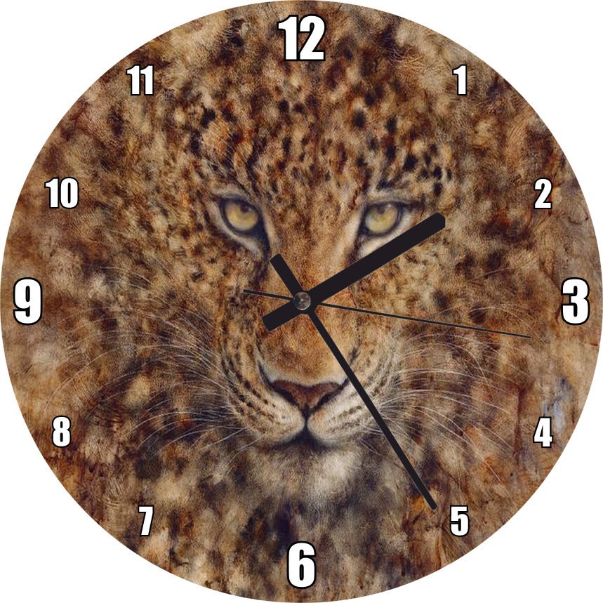 Afrika Leoparı Çizim Görseli  Mdf Ahşap Duvar Saati 50 cm Çap