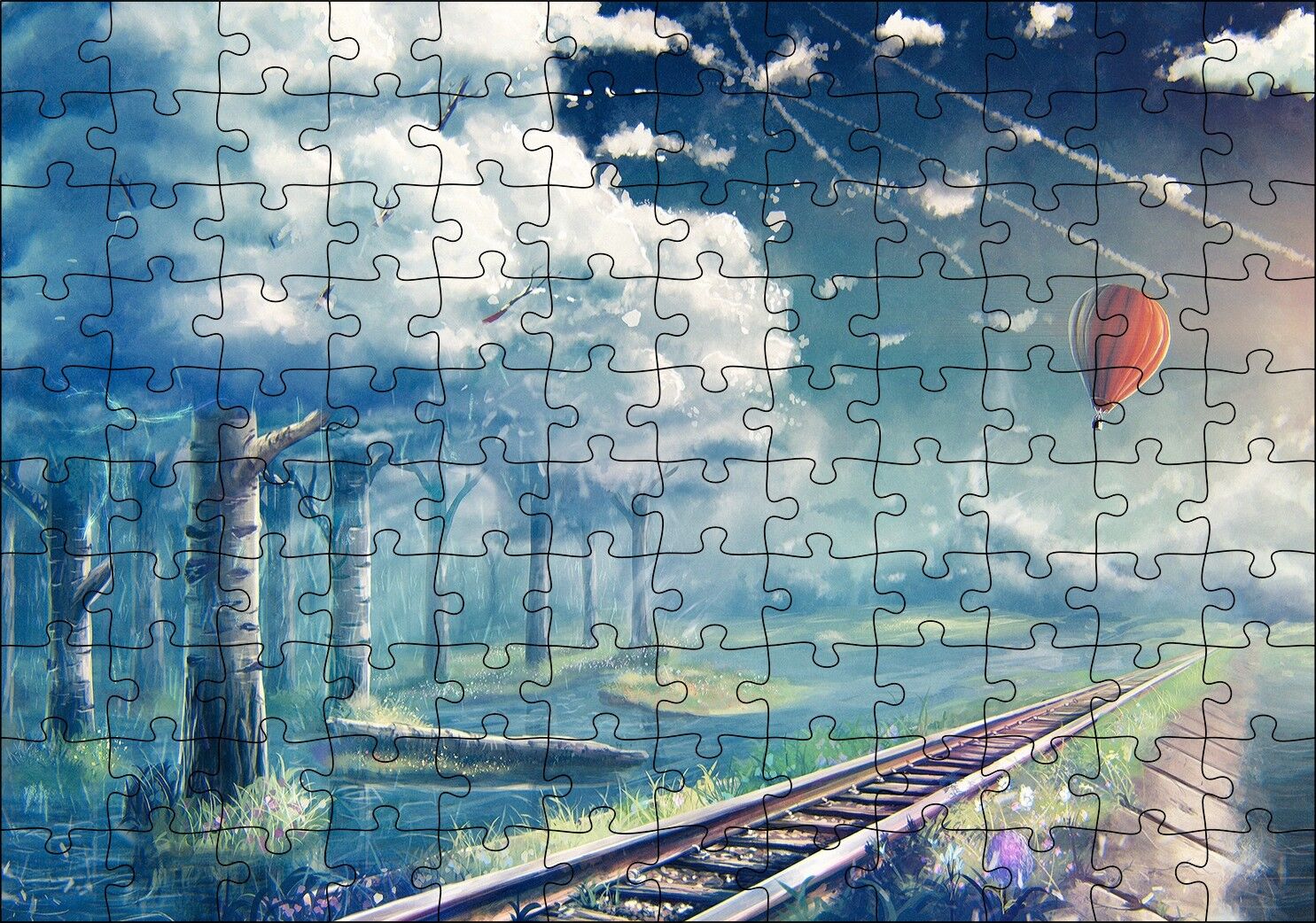 Fantastik Gökyüzü Demir Yolları Uçan Balon Beyaz Orman Görseli Puzzle Yapboz MDF Ahşap