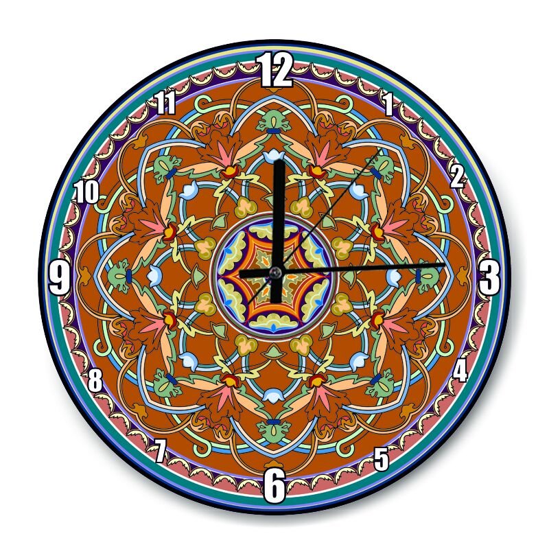 Kahve Rengi Zeminde Motifler Mdf Ahşap Duvar Saati