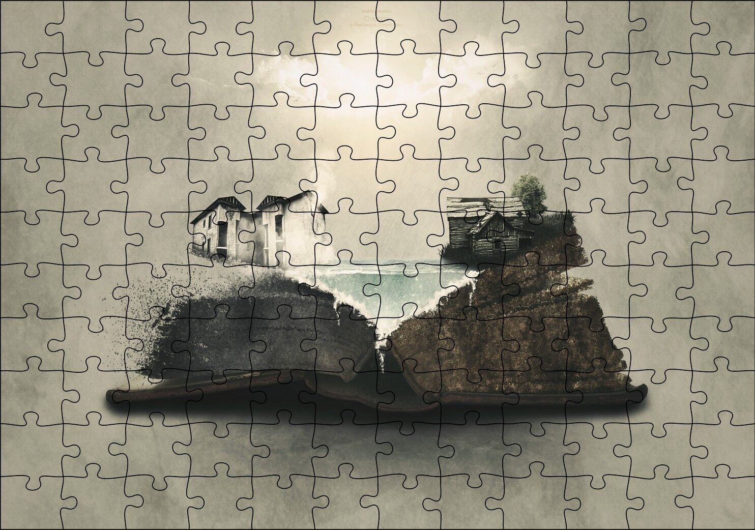 Fantastik Kitap Sayfaları Üstünde Eski Evler Puzzle Yapboz MDF Ahşap