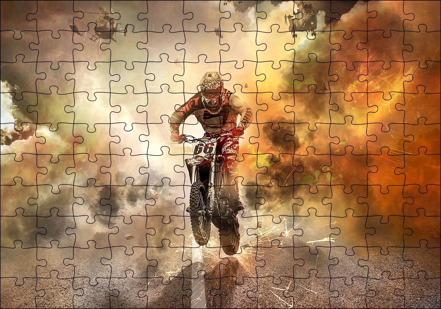 Motokros, Helikopterler ve Kızıl Dumanlar Puzzle Yapboz MDF Ahşap 120 Parça 24 cm X 34 cm