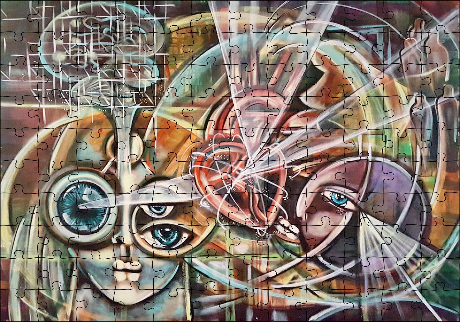 Kalp ve Yüzler Soyut Kompozisyon Puzzle Yapboz MDF Ahşap 120 Parça 24 cm X 34 cm