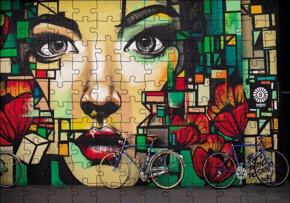 Duvar Boyama Kadın Portre ve Bisikletler Puzzle Yapboz MDF Ahşap