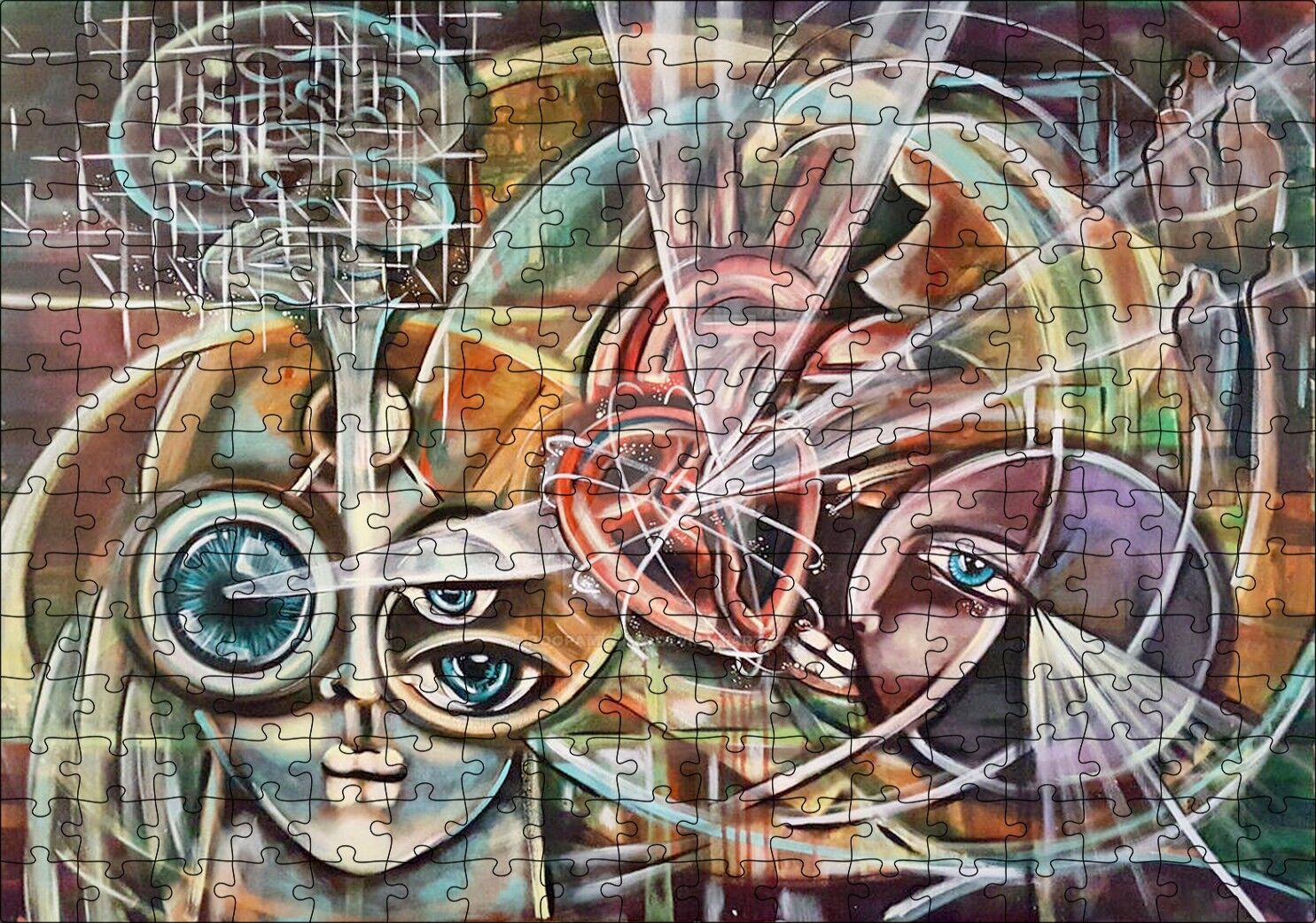 Kalp ve Yüzler Soyut Kompozisyon Puzzle Yapboz MDF Ahşap 255 Parça 34 cm X 49 cm