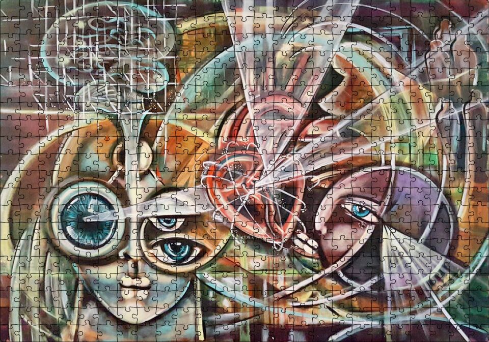 Kalp ve Yüzler Soyut Kompozisyon Puzzle Yapboz MDF Ahşap 500 Parça 49 cm X 68 cm