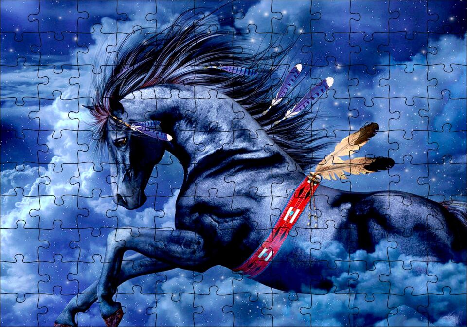 Siyah Kızılderili Atı ve Bulutlu Gökler Puzzle Yapboz MDF Ahşap