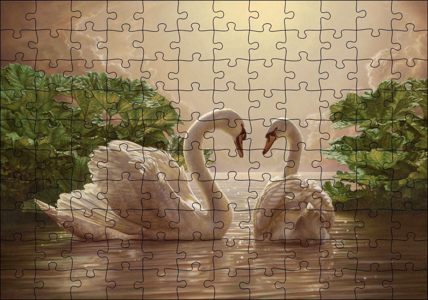 Altın Rengi Sularda Beyaz Kuğu Çifti Puzzle Yapboz MDF Ahşap 120 Parça 24 cm X 34 cm