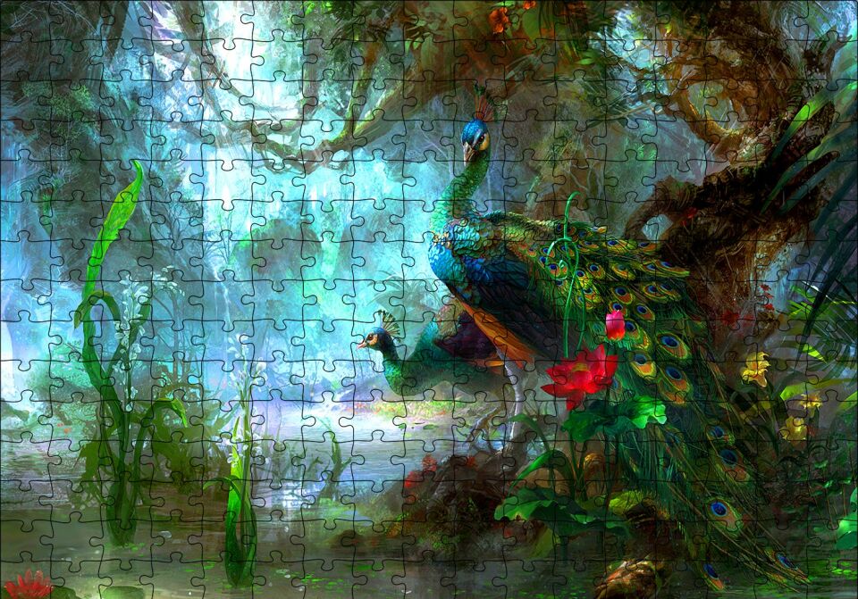 Tavuskuşları ve Fantastik Orman Puzzle Yapboz MDF Ahşap 255 Parça 34 cm X 49 cm