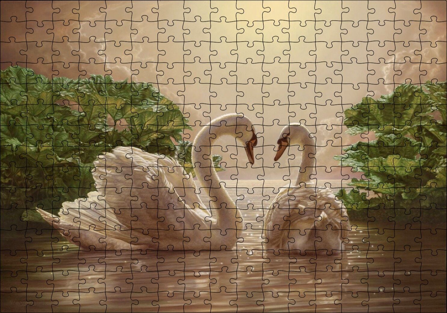 Altın Rengi Sularda Beyaz Kuğu Çifti Puzzle Yapboz MDF Ahşap 255 Parça 34 cm X 49 cm