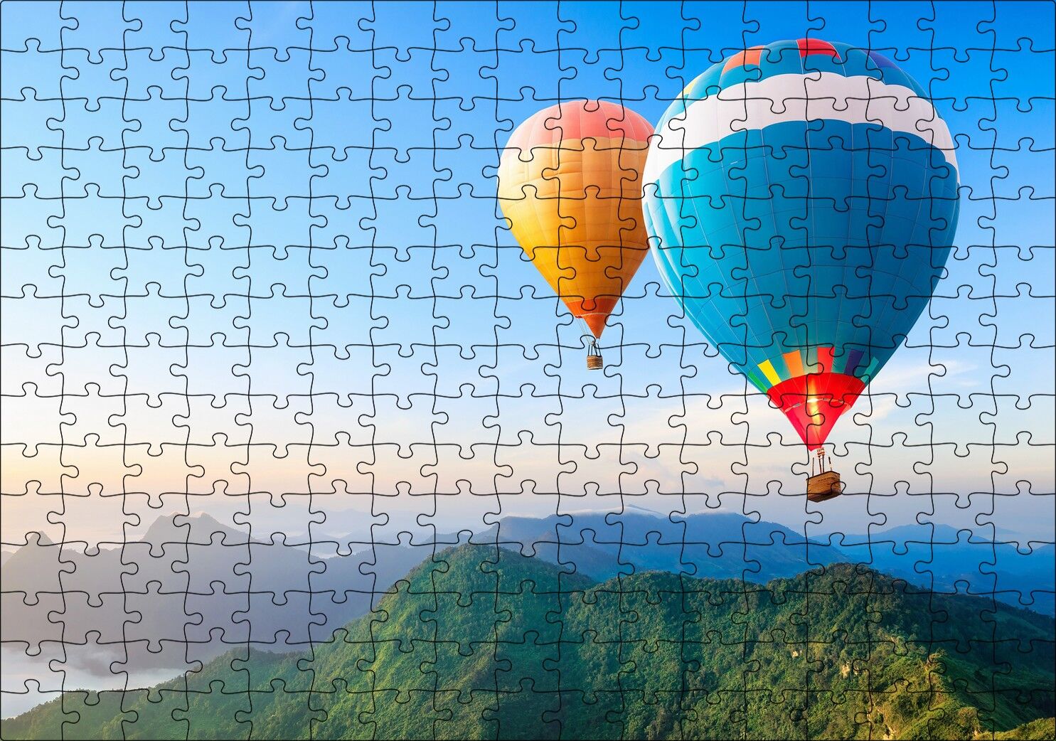 Yemyeşil Dağlar ve Rengarenk Sıcak Hava Balonları Puzzle Yapboz MDF Ahşap 255 Parça 34 cm X 49 cm
