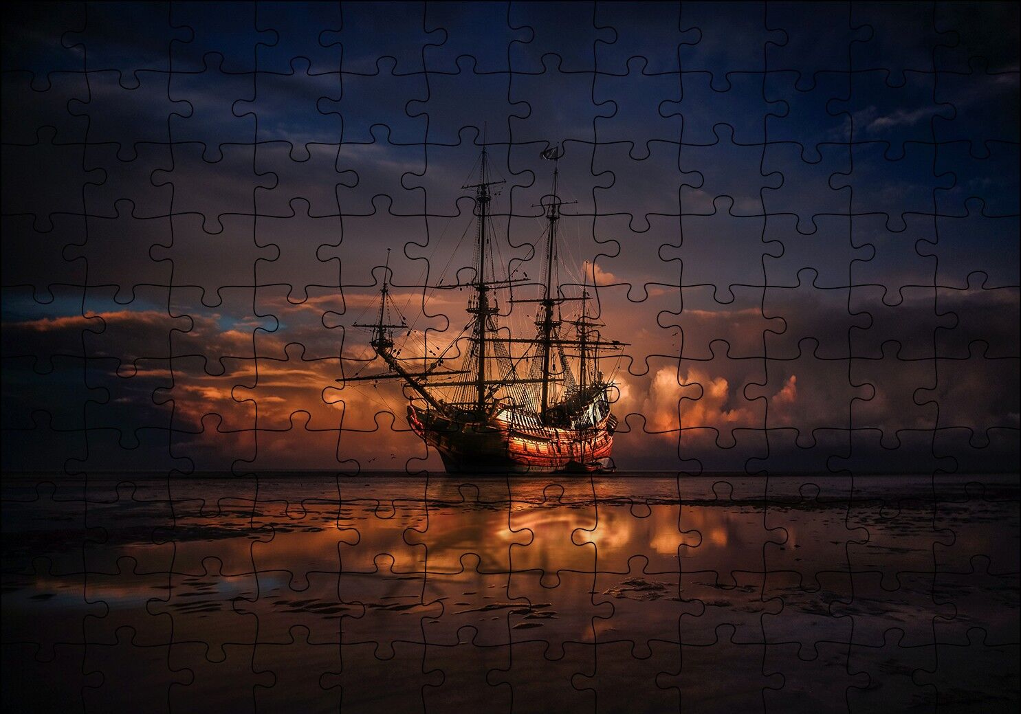 Günbatımında Dev Kalyon ve Kızıl Mor Bulutlar Puzzle Yapboz MDF Ahşap