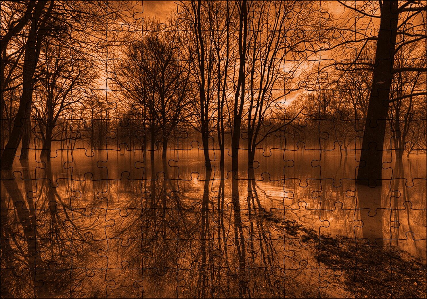 Sonbaharda Kızıl Gökler ve Çıplak Ağaçlar Puzzle Yapboz MDF Ahşap