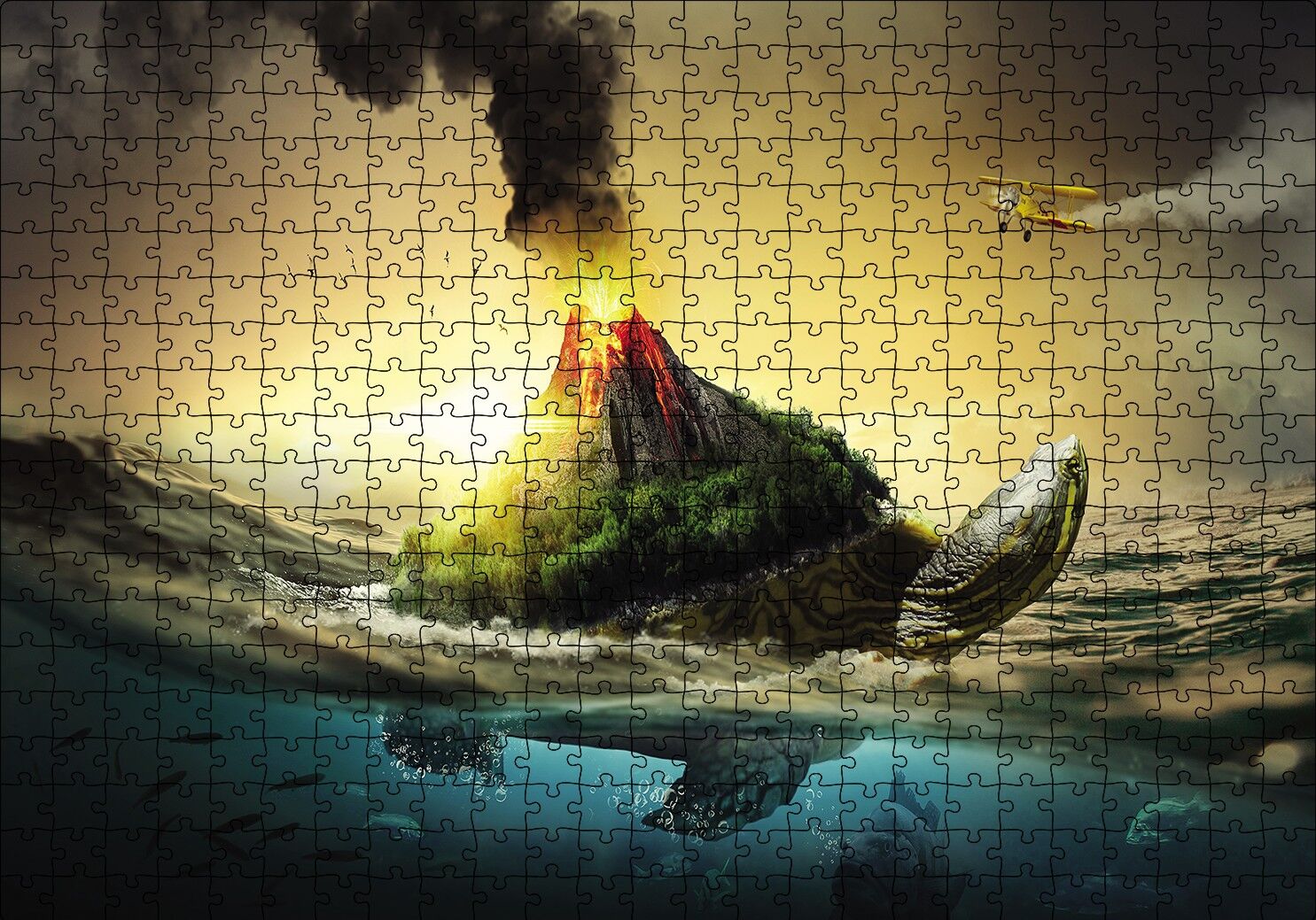 Kaplumbağa Sırtında Yanar Dağ Fantazi Puzzle Yapboz MDF Ahşap 500 Parça 49 cm X 68 cm