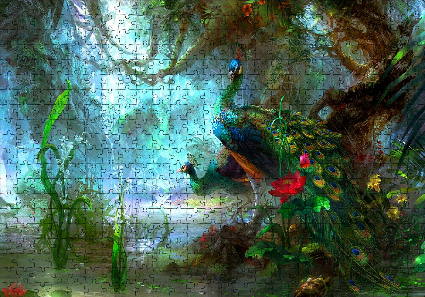 Tavuskuşları ve Fantastik Orman Puzzle Yapboz MDF Ahşap 500 Parça 49 cm X 68 cm