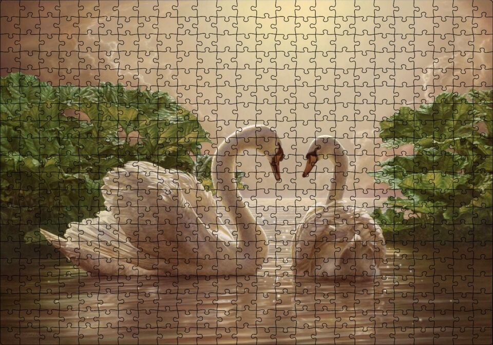 Altın Rengi Sularda Beyaz Kuğu Çifti Puzzle Yapboz MDF Ahşap 500 Parça 49 cm X 68 cm