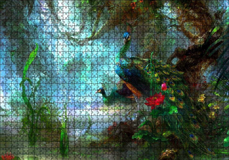 Tavuskuşları ve Fantastik Orman Puzzle Yapboz MDF Ahşap 1000 Parça 49 cm X 68 cm