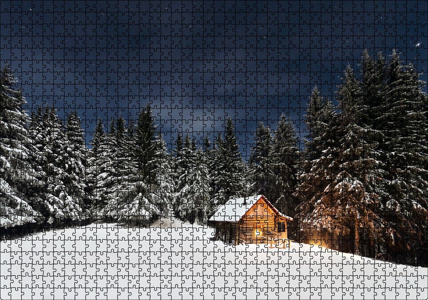 Karlı Ağaçlar Açık Gökyüzü ve Orman Kulübesi Puzzle Yapboz MDF Ahşap 1000 Parça 49 cm X 68 cm
