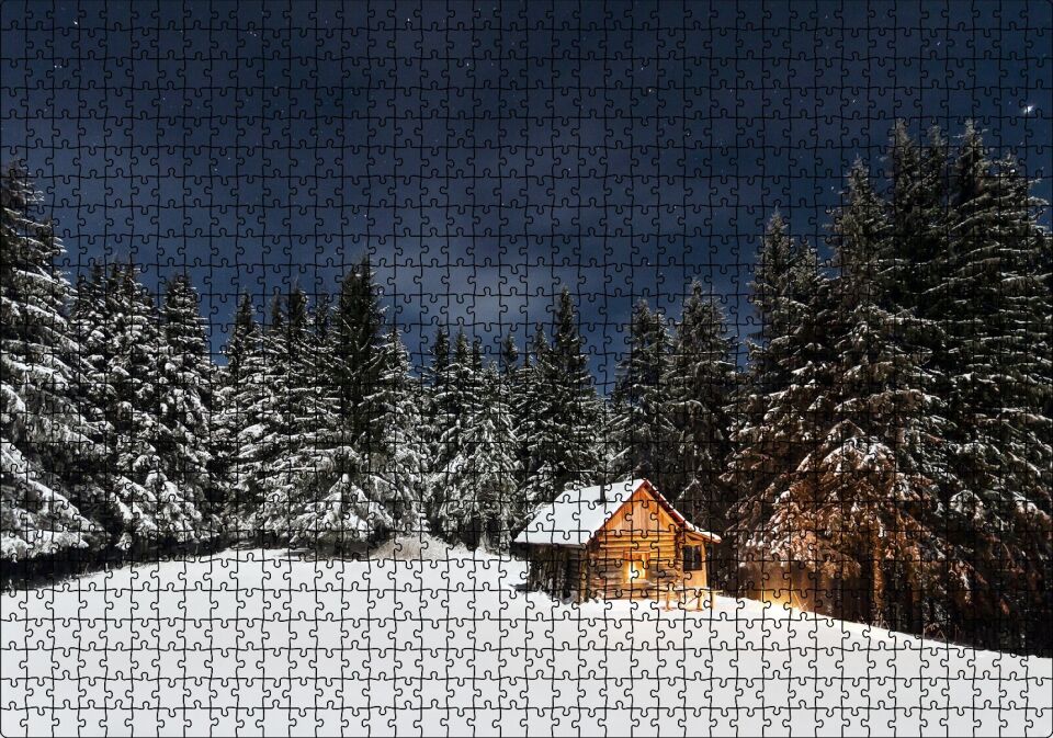 Karlı Ağaçlar Açık Gökyüzü ve Orman Kulübesi Puzzle Yapboz MDF Ahşap 1000 Parça 49 cm X 68 cm