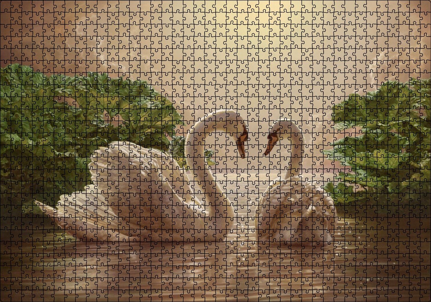 Altın Rengi Sularda Beyaz Kuğu Çifti Puzzle Yapboz MDF Ahşap 1000 Parça 49 cm X 68 cm