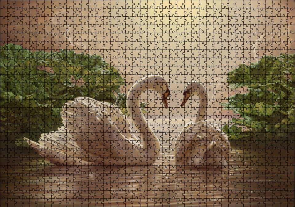 Altın Rengi Sularda Beyaz Kuğu Çifti Puzzle Yapboz MDF Ahşap 1000 Parça 49 cm X 68 cm