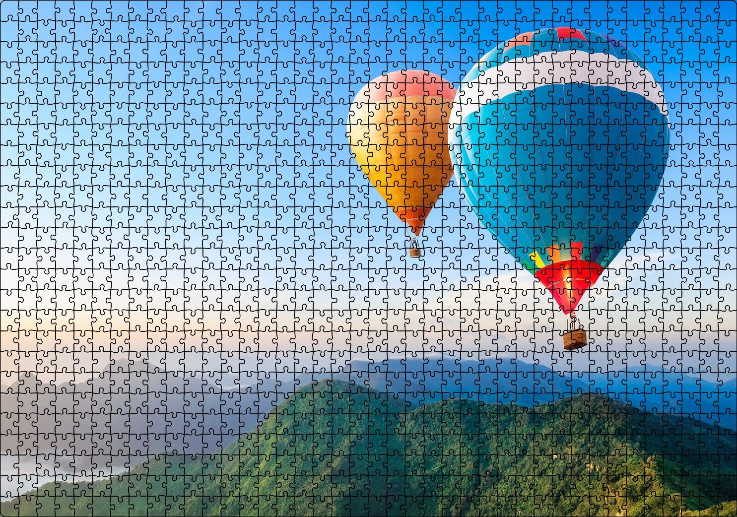 Yemyeşil Dağlar ve Rengarenk Sıcak Hava Balonları Puzzle Yapboz MDF Ahşap 1000 Parça 49 cm X 68 cm