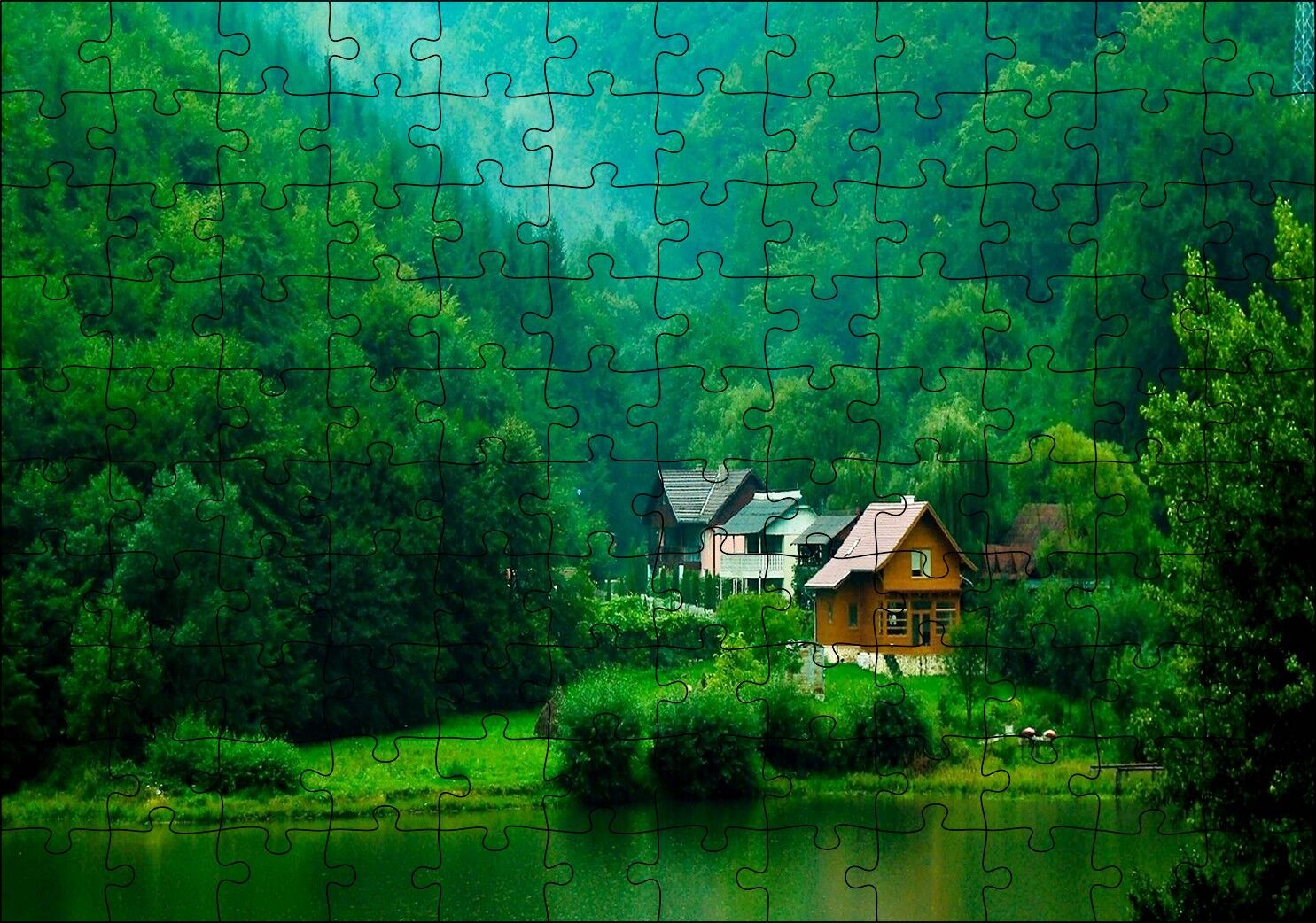 Dağ Orman Göl Ahşap Evler Görseli Puzzle Yapboz MDF Ahşap