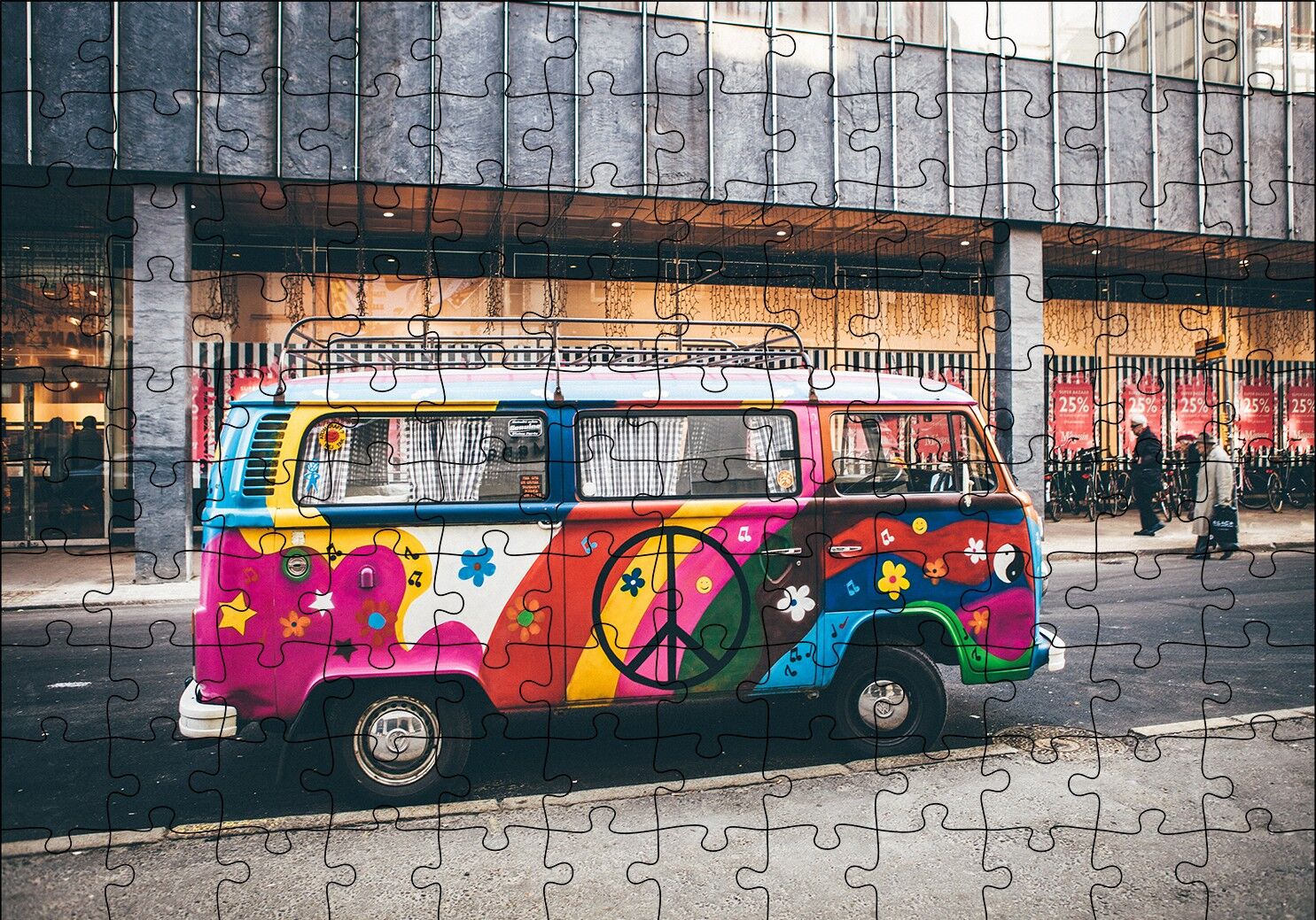 Hippi Tarzı Süslenmiş Volkswagen Minibüs Puzzle Yapboz MDF Ahşap