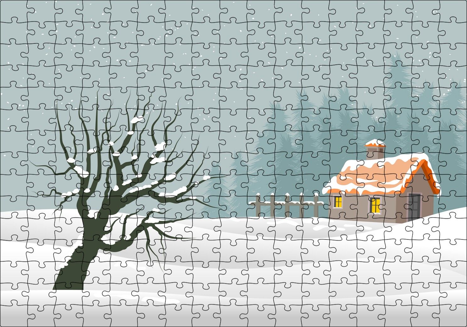 Karlı Tepeler Kuru Ağaç ve Şirin Kulübe Puzzle Yapboz MDF Ahşap 255 Parça 34 cm X 49 cm
