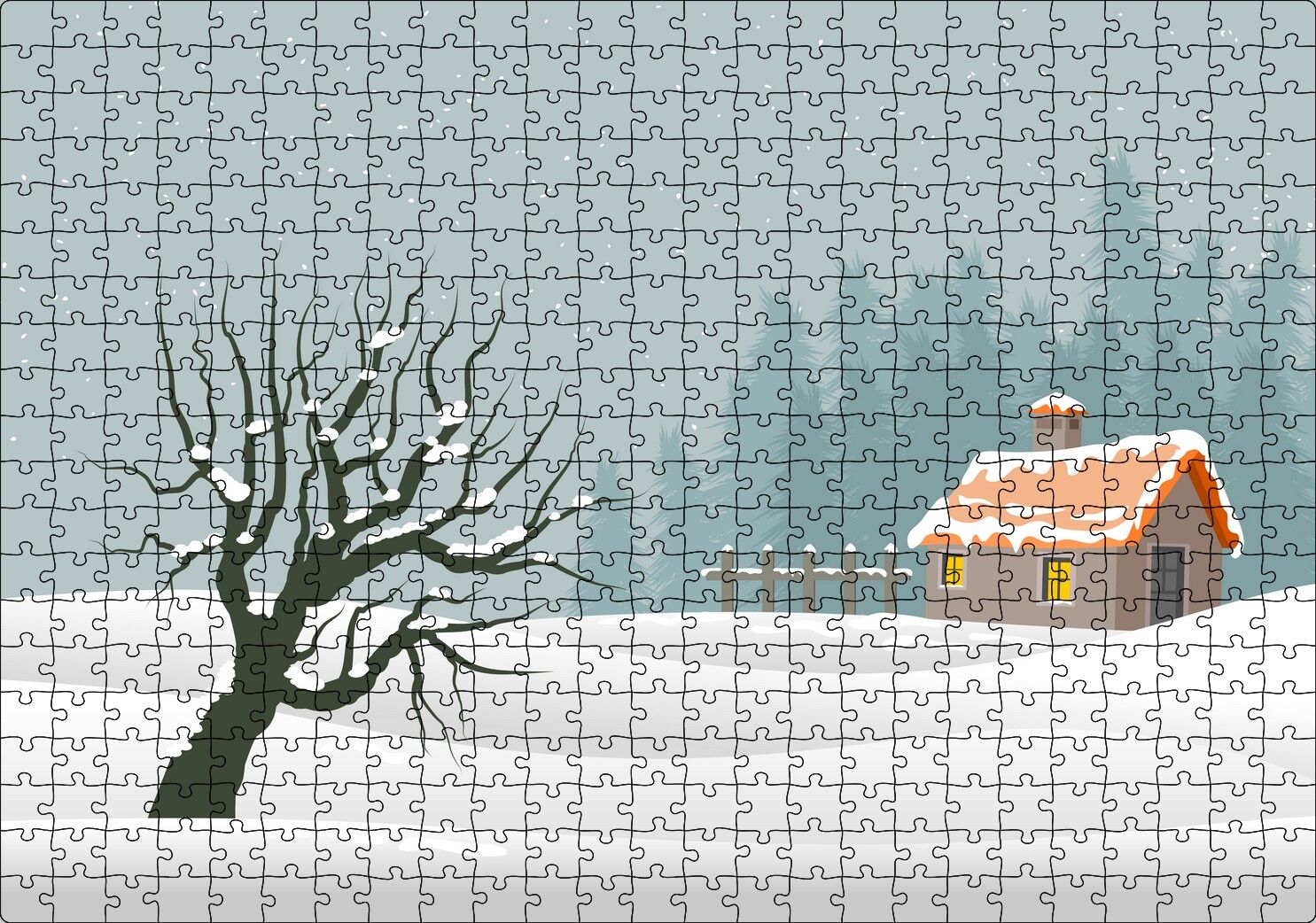 Karlı Tepeler Kuru Ağaç ve Şirin Kulübe Puzzle Yapboz MDF Ahşap 500 Parça 49 cm X 68 cm