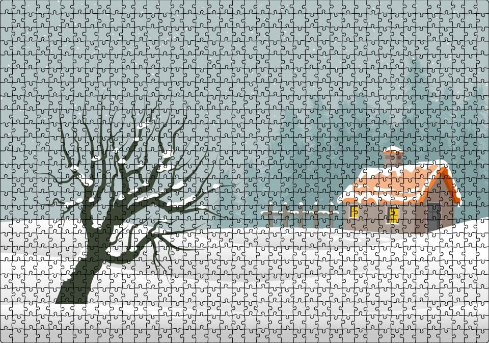 Karlı Tepeler Kuru Ağaç ve Şirin Kulübe Puzzle Yapboz MDF Ahşap 1000 Parça 49 cm X 68 cm